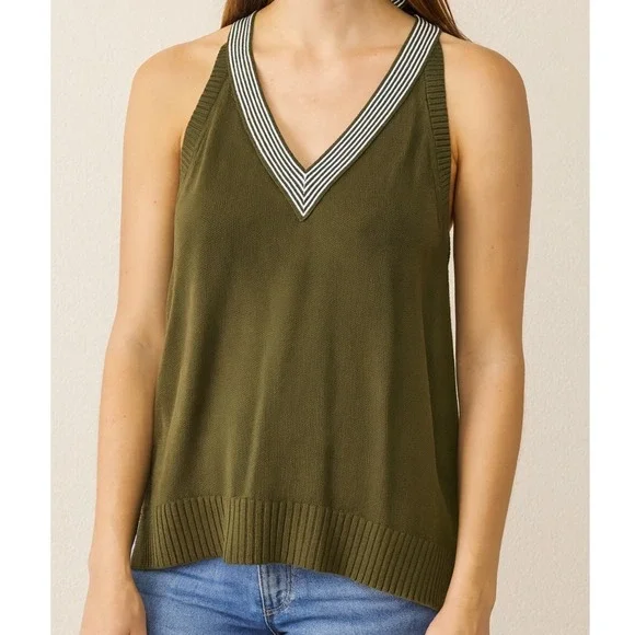 J. Crew Women's Olive Green Cotton Knit V-Neck Tank Top with Back Tie Detail - Picture 1 of 6